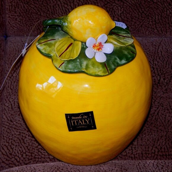 MADE ITALY ORGIA Art Handmade Ceramics Lemon Shaped Cookie Jar Decorated Lid NWT